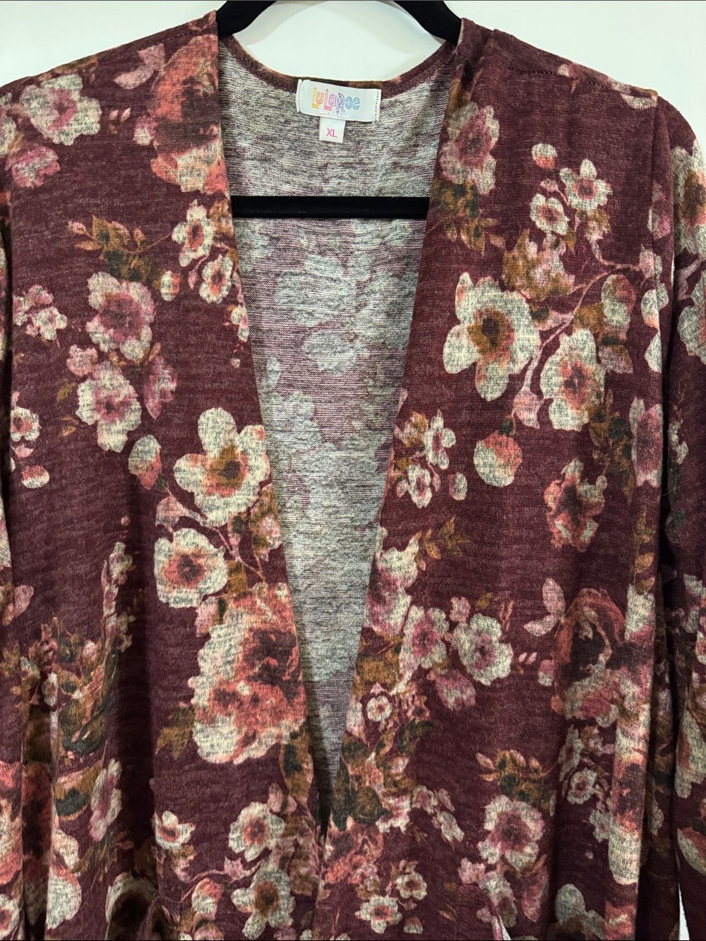 LuLaRoe Wine, Sarah Floral Open-Front Cardigan with Pink & Cream Blooms